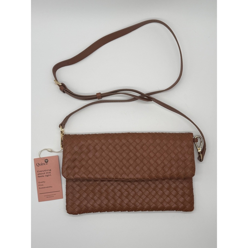 NWT QUINCE ITALIAN LEATHER HANDWOVEN CONVERTIBLE CLUTCH BAG Cognac Brown